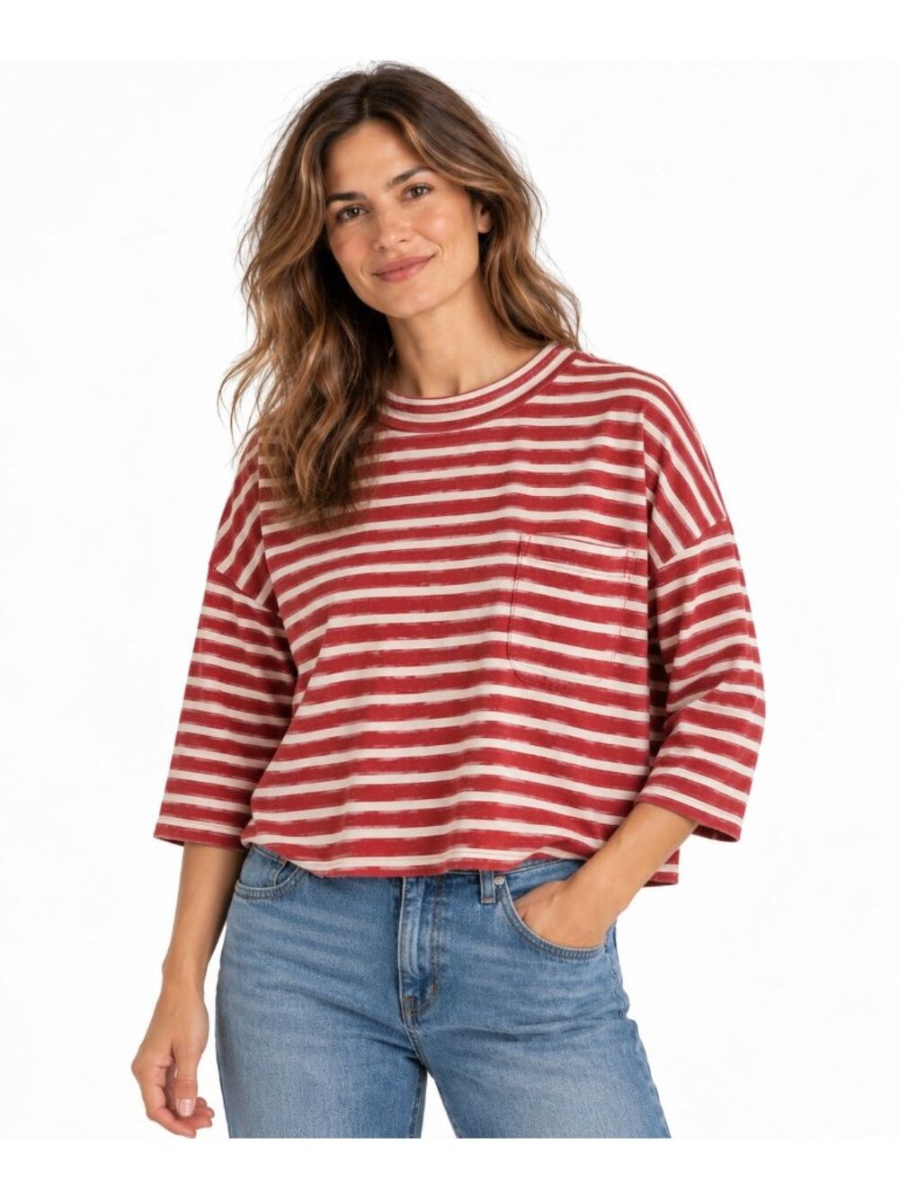 Poetry Red White Breton Striped Top Size 8 Cotton Boxy Lagenlook